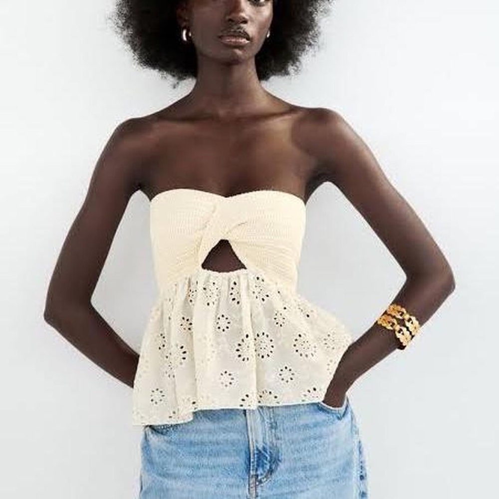 Cream Strapless Eyelet Top